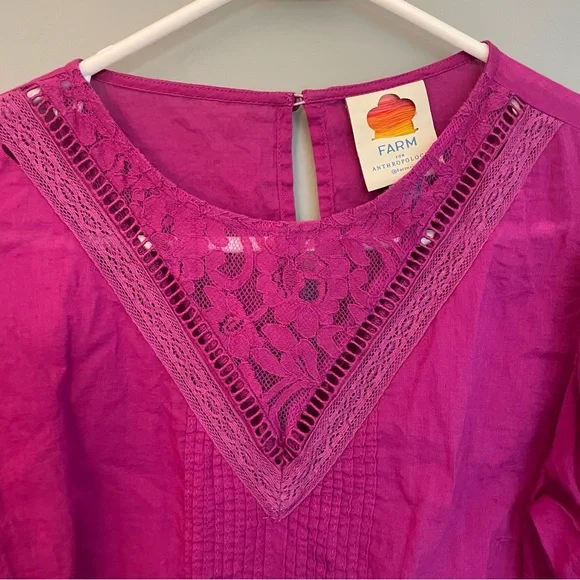 FARM Rio Anthropologie "Kelsie" Magenta V-Neck Boho Colorful Puff Sleeve Blouse - Picture 7 of 15
